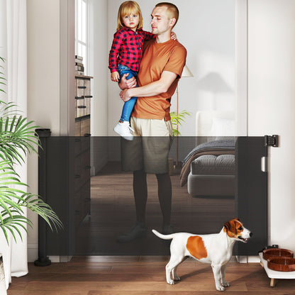 Retractable Dog Safety Barrier 0-136 cm Small Dog Gate Expandable with Locking Switch Safety Net for Indoor and Outdoor Hallways Stairs