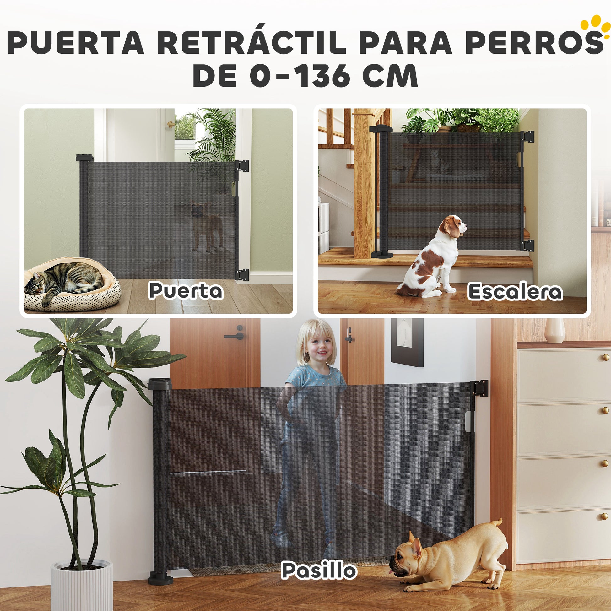 Retractable Dog Safety Barrier 0-136 cm Small Dog Gate Expandable with Locking Switch Safety Net for Indoor and Outdoor Hallways Stairs