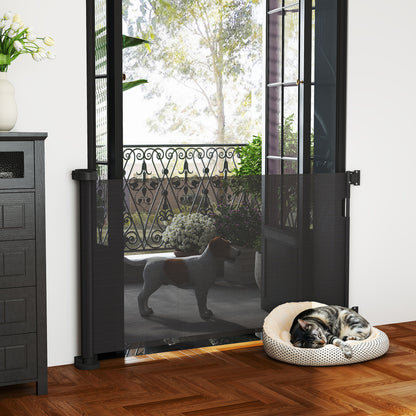 Retractable Dog Safety Barrier 0-136 cm Small Dog Gate Expandable with Locking Switch Safety Net for Indoor and Outdoor Hallways Stairs