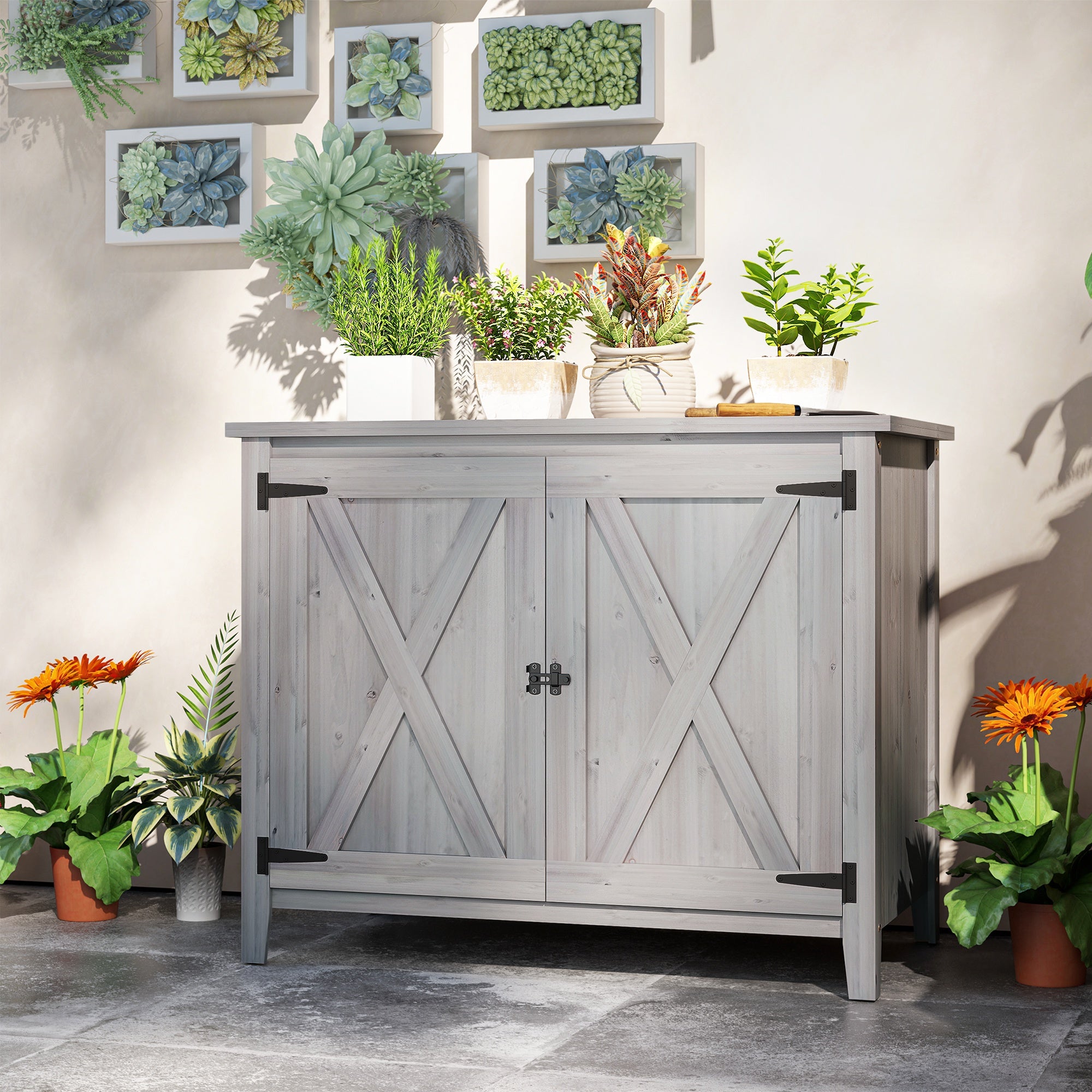 Garden Cabinet Wood, Weatherproof Tool Shed 110x60x88.5cm, Garden House with Double Doors, Shelves, Tool Cabinet, Garden Shed for Patio Backyard, Light Grey