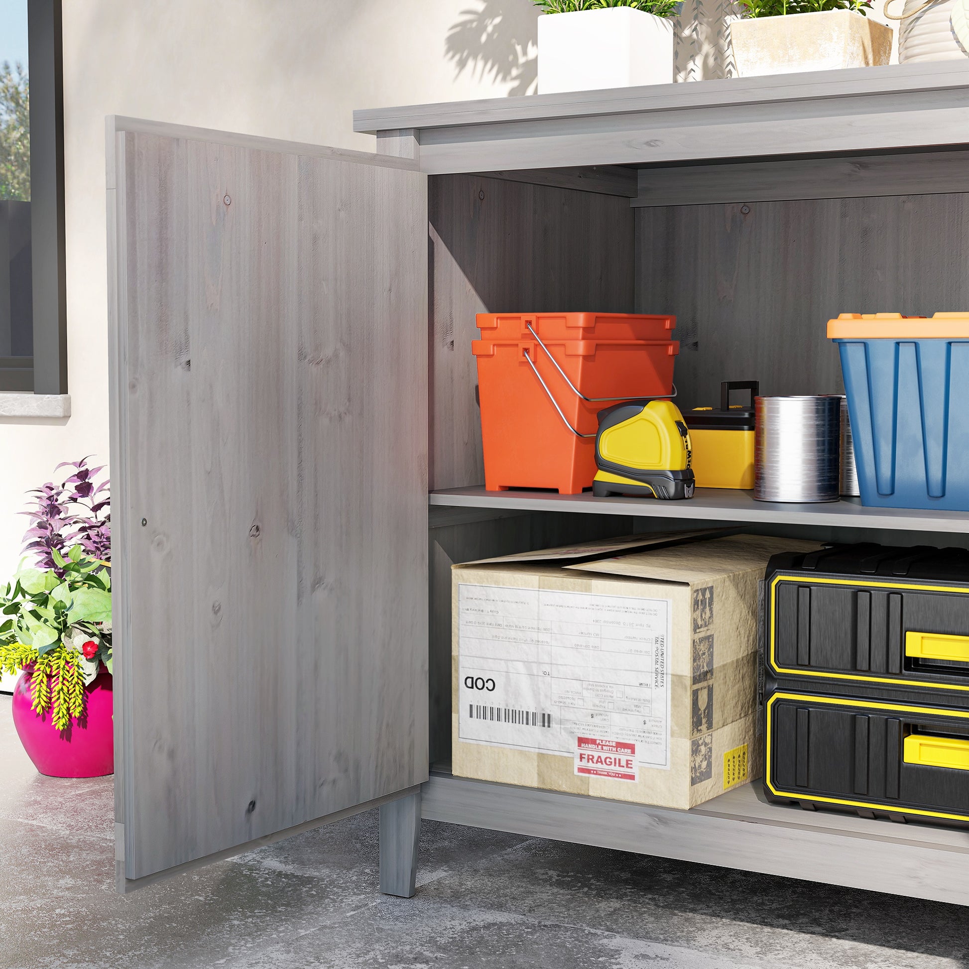 Garden Cabinet Wood, Weatherproof Tool Shed 110x60x88.5cm, Garden House with Double Doors, Shelves, Tool Cabinet, Garden Shed for Patio Backyard, Light Grey