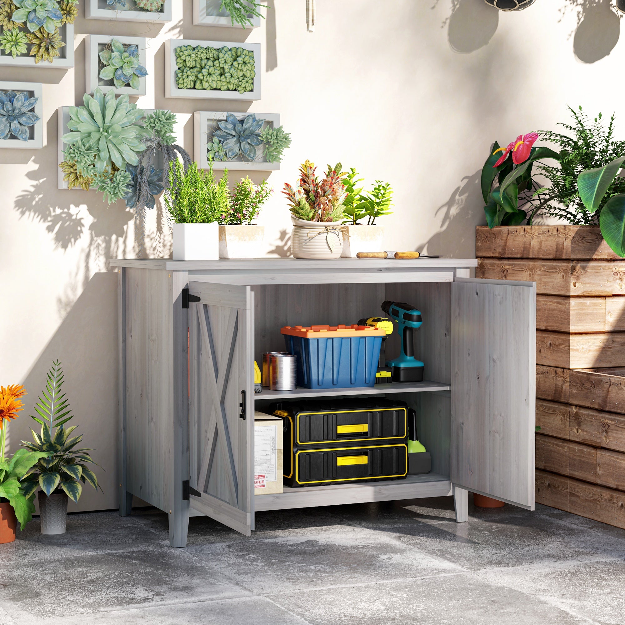 Garden Cabinet Wood, Weatherproof Tool Shed 110x60x88.5cm, Garden House with Double Doors, Shelves, Tool Cabinet, Garden Shed for Patio Backyard, Light Grey