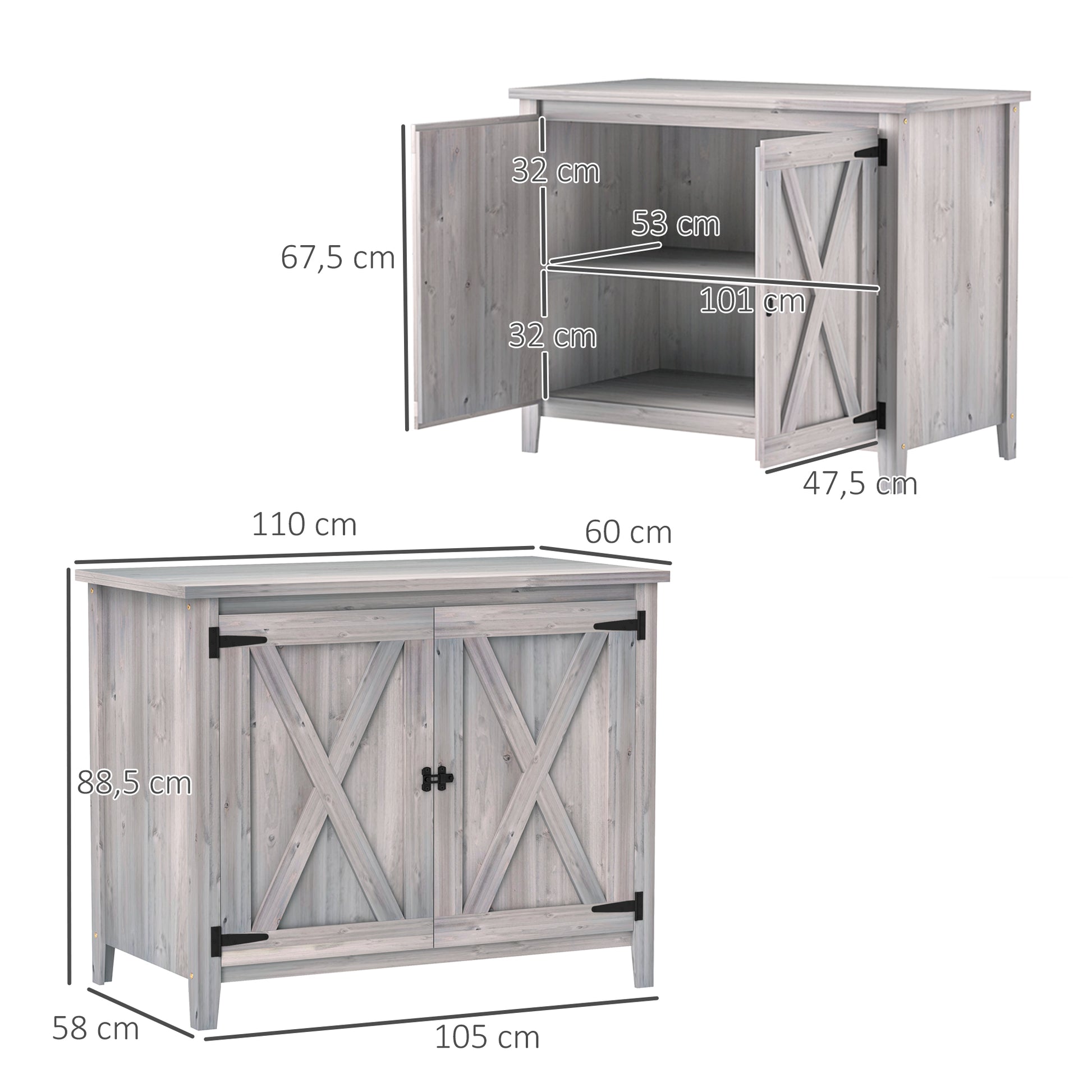 Garden Cabinet Wood, Weatherproof Tool Shed 110x60x88.5cm, Garden House with Double Doors, Shelves, Tool Cabinet, Garden Shed for Patio Backyard, Light Grey