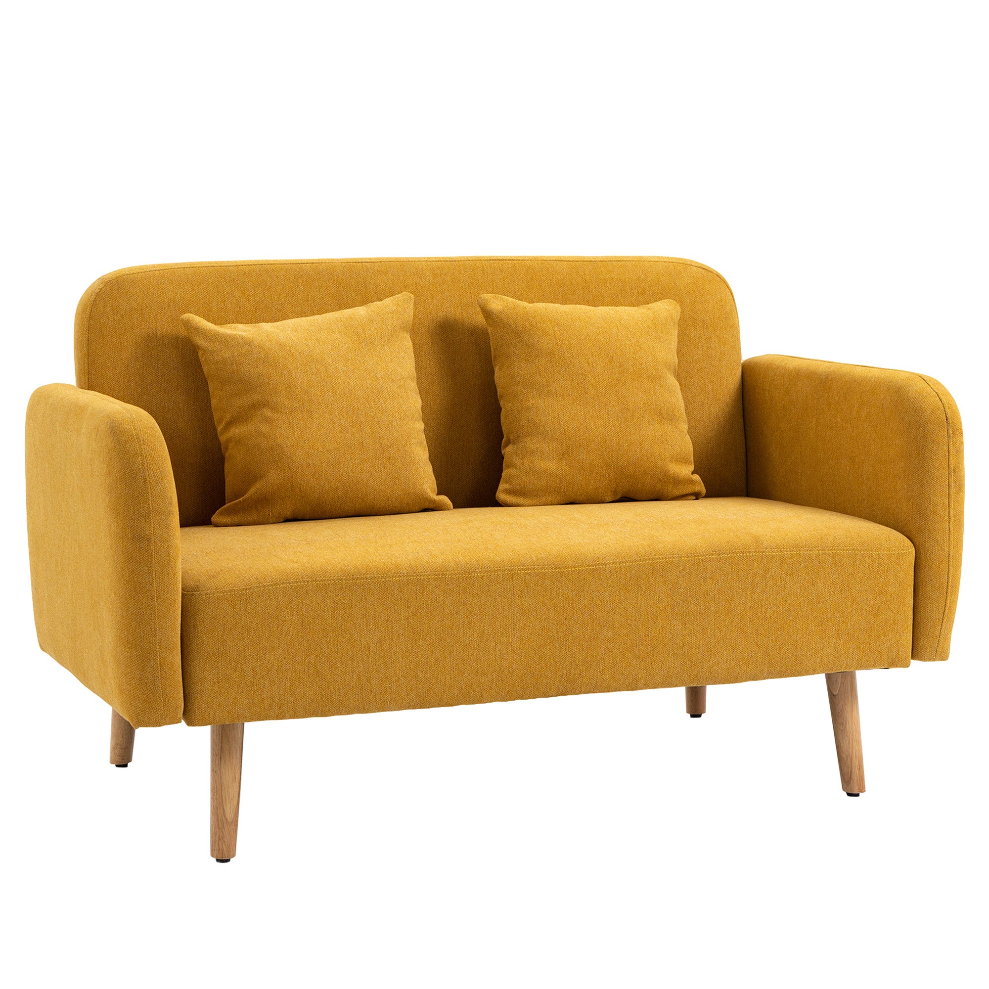 2 Seater Sofa, Couch with 2 Throw Pillows, Padded Double Sofa, Upholstered Sofa with Velvet Look, Armrest, Loveseat for Living Room, Bedroom,  130 x 70 x 80 cm, Yellow