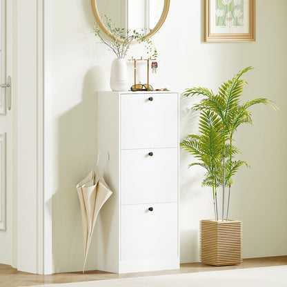 Slim Shoe Cabinet with 3 Flip Doors Shoe Storage Entryway Shoe Rack with Adjustable Shelves for 12 Pairs of Shoes for Narrow Hallways 47x28x115 cm White Wood Grain