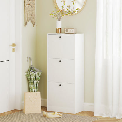 Slim Shoe Cabinet with 3 Flip Doors Shoe Storage Entryway Shoe Rack with Adjustable Shelves for 12 Pairs of Shoes for Narrow Hallways 47x28x115 cm White Wood Grain