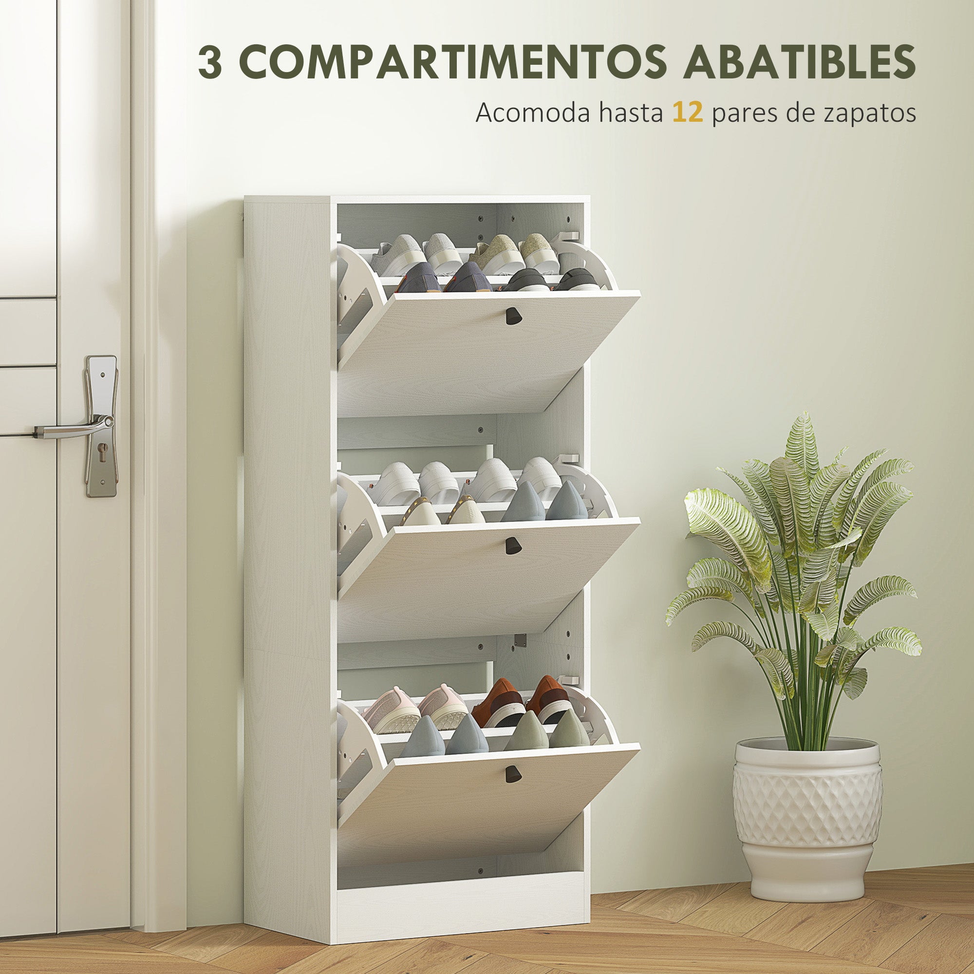 Slim Shoe Cabinet with 3 Flip Doors Shoe Storage Entryway Shoe Rack with Adjustable Shelves for 12 Pairs of Shoes for Narrow Hallways 47x28x115 cm White Wood Grain