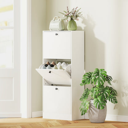 Slim Shoe Cabinet with 3 Flip Doors Shoe Storage Entryway Shoe Rack with Adjustable Shelves for 12 Pairs of Shoes for Narrow Hallways 47x28x115 cm White Wood Grain