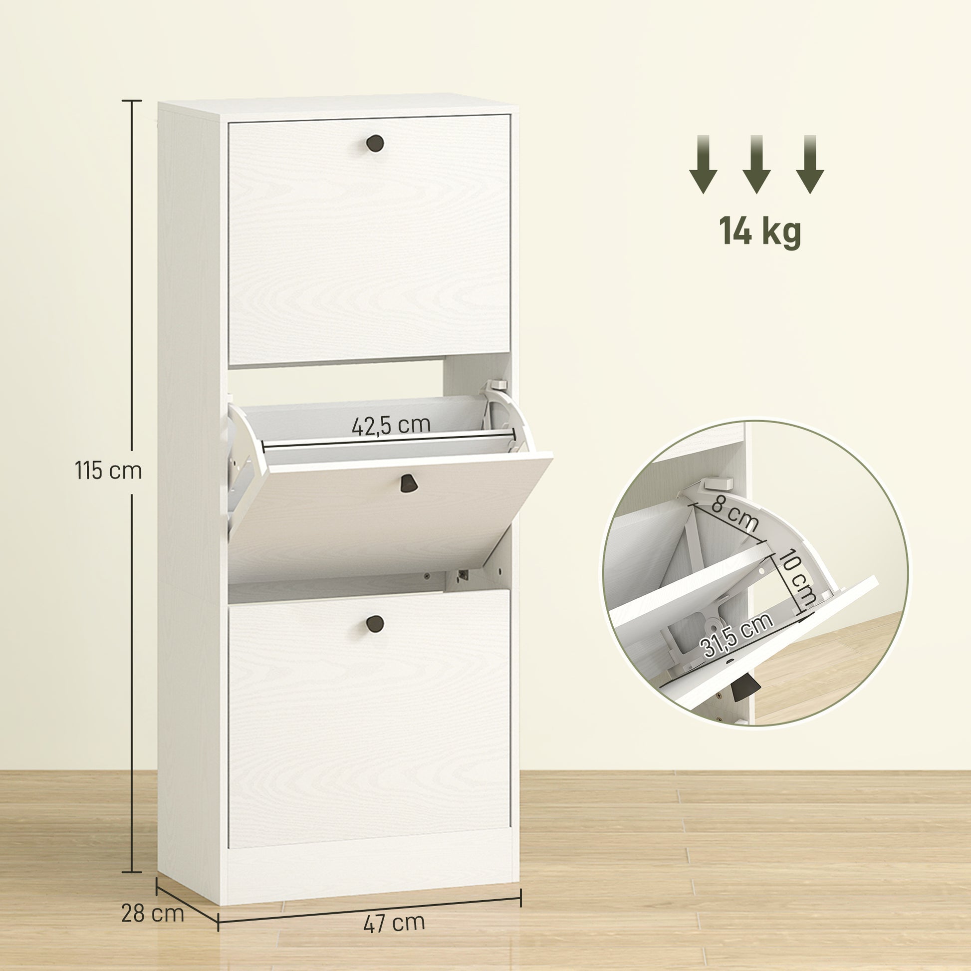 Slim Shoe Cabinet with 3 Flip Doors Shoe Storage Entryway Shoe Rack with Adjustable Shelves for 12 Pairs of Shoes for Narrow Hallways 47x28x115 cm White Wood Grain