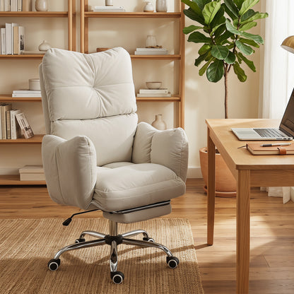 Ergonomic Office Chair with Footrest — Snow-White Flannel, Thick Padding, High Back, Height Adjustable, Cream White