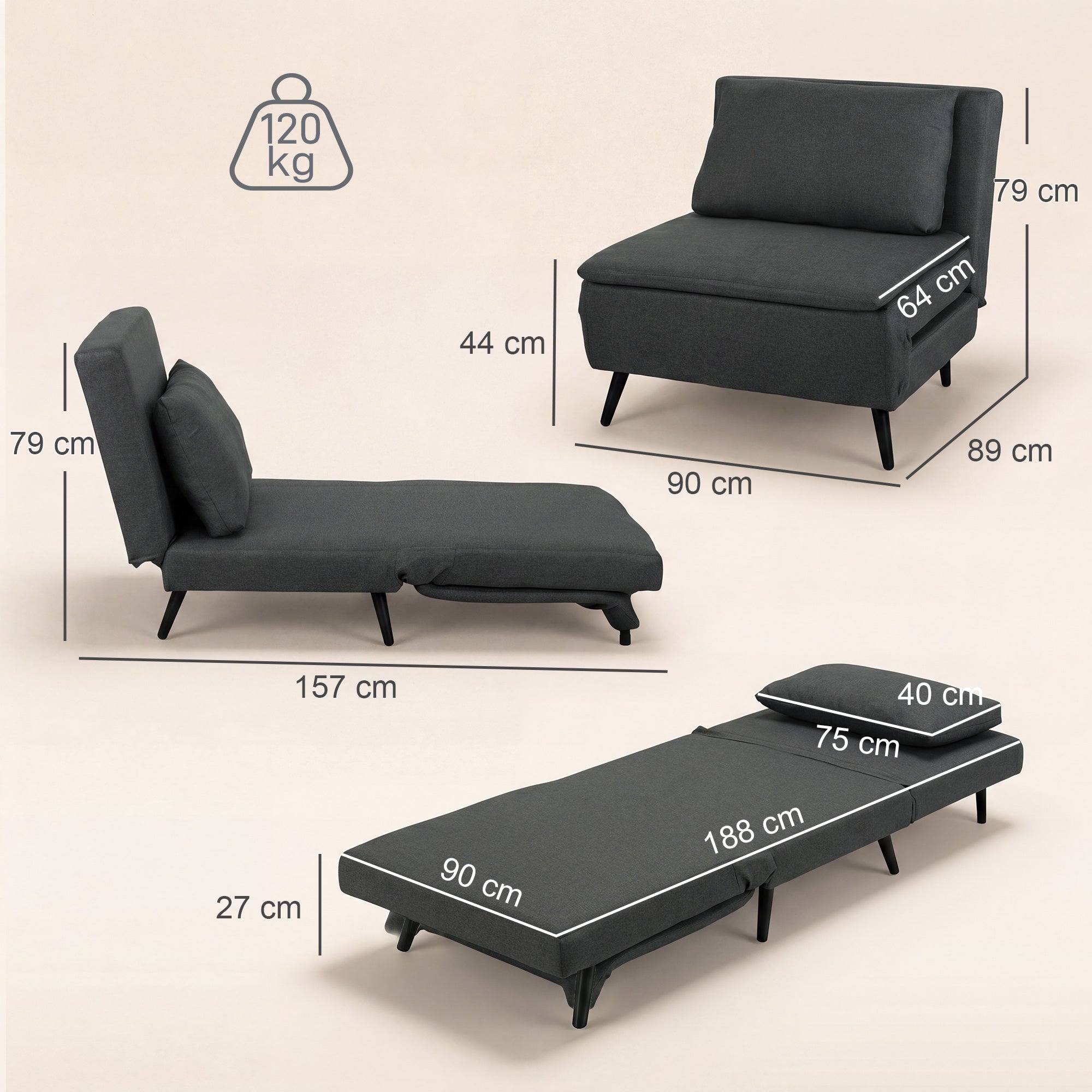 3-in-1 Sleeper Chair with Bed Function, Foldable Recliner with Adjustable Backrest, Lumbar Pillow, Linen-Look Sofa Bed for Living Room or Bedroom, Dark Gray