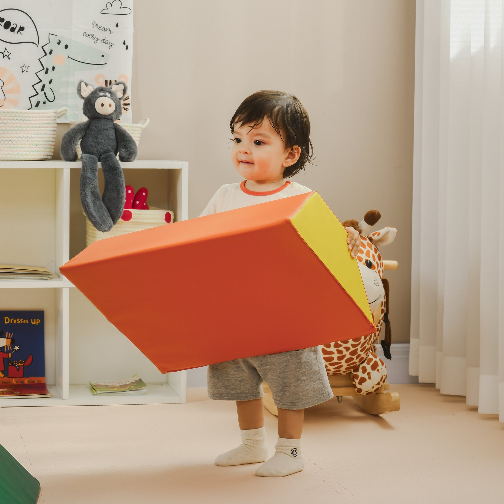 Soft Building Blocks Set for Children 1-3 Years with 5 Rectangular and Trapezoid Blocks, PU and EPE Material, 48.3x19.1x48.3 cm, Multicolor