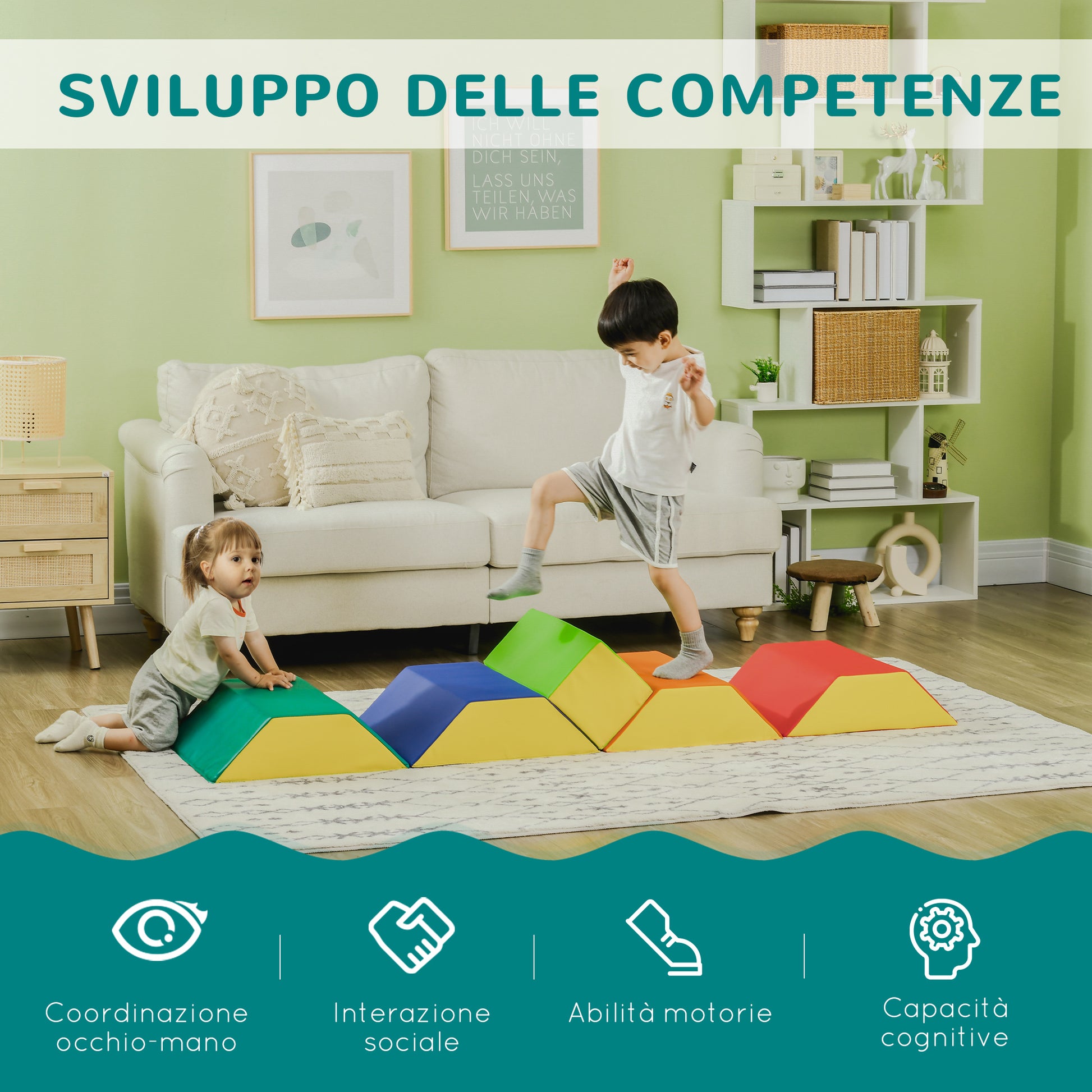 Soft Building Blocks Set for Children 1-3 Years with 5 Rectangular and Trapezoid Blocks, PU and EPE Material, 48.3x19.1x48.3 cm, Multicolor
