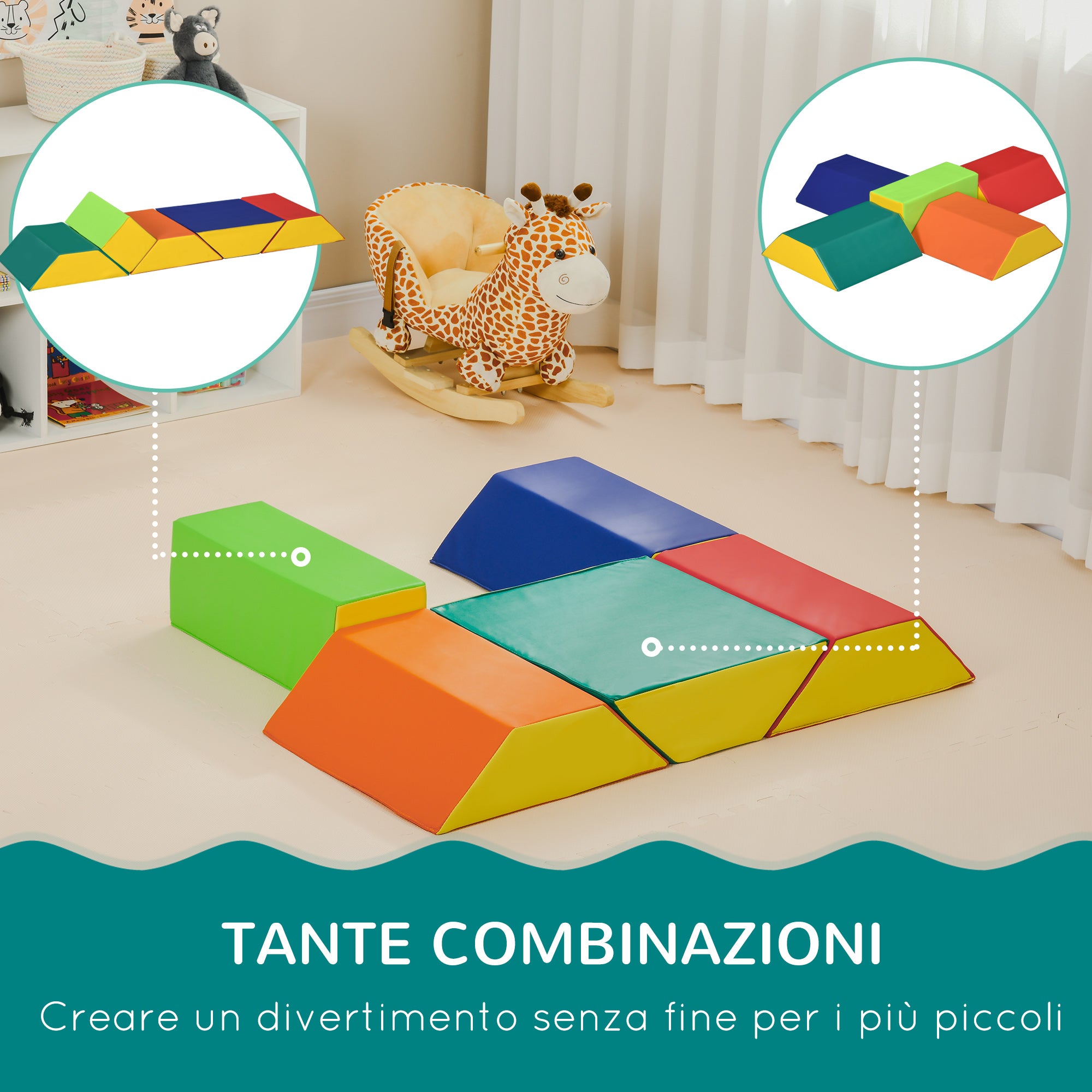 Soft Building Blocks Set for Children 1-3 Years with 5 Rectangular and Trapezoid Blocks, PU and EPE Material, 48.3x19.1x48.3 cm, Multicolor