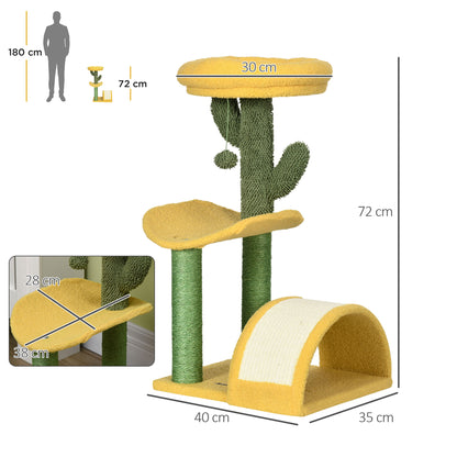72cm Cat Scratcher Tree Cat Activity Center with Bed Sisal Scratching Post Curved Scratcher and Hanging Ball 40x35x72 cm Yellow