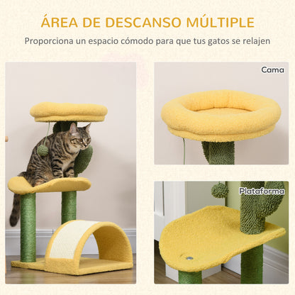72cm Cat Scratcher Tree Cat Activity Center with Bed Sisal Scratching Post Curved Scratcher and Hanging Ball 40x35x72 cm Yellow
