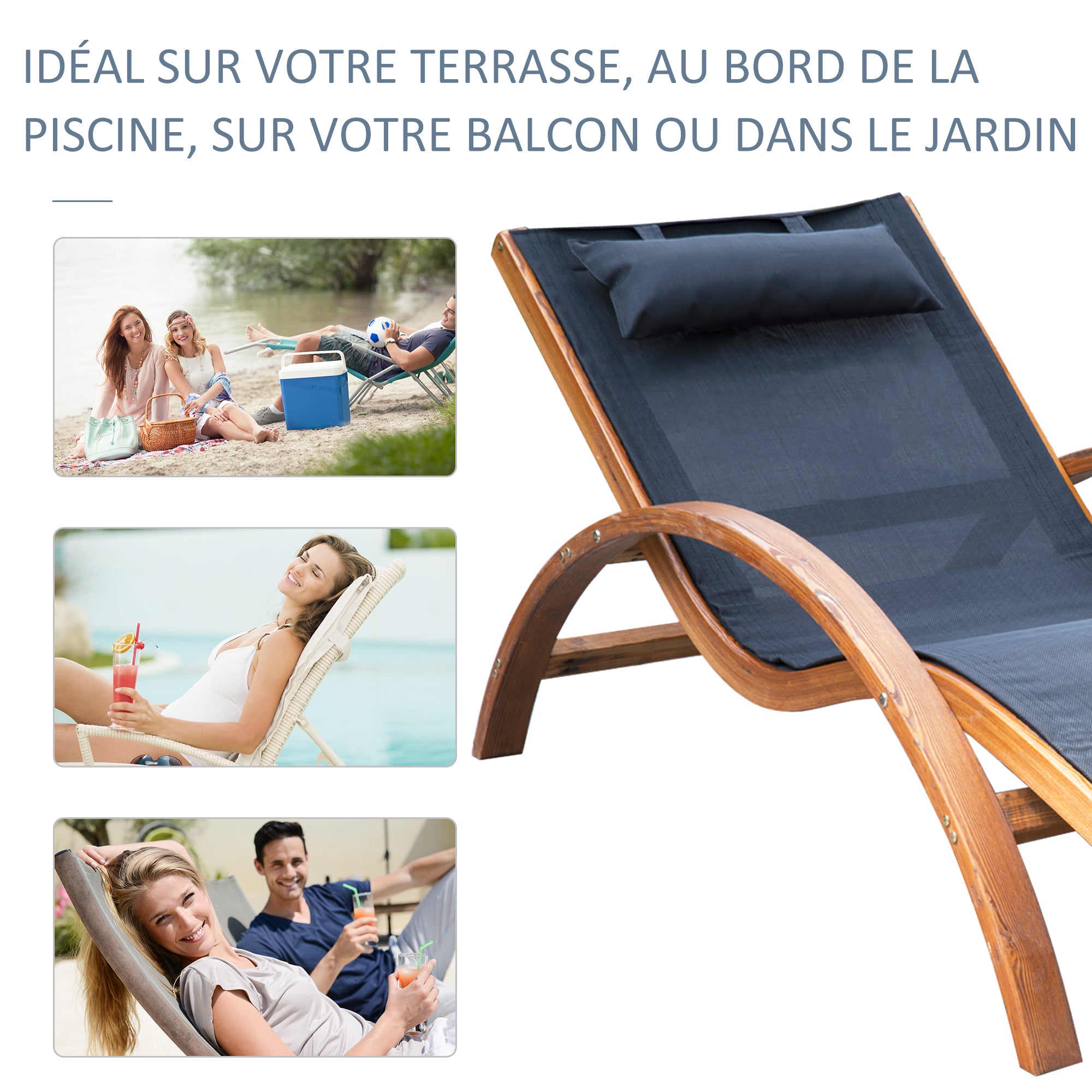 Tropical Style Design Solid Natural Wood Sun Lounger Black Color
