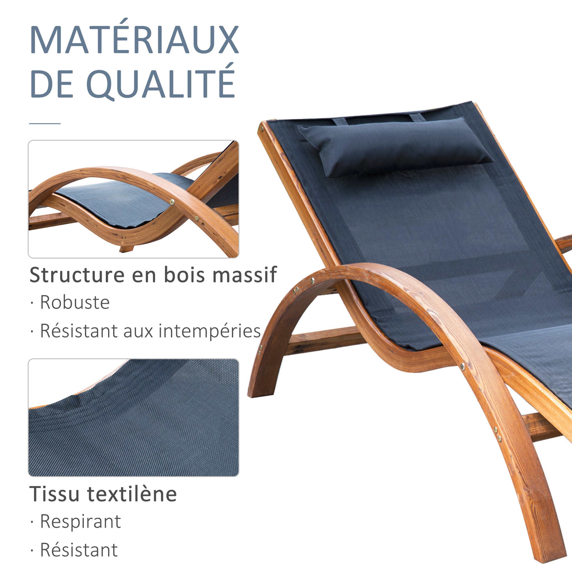 Tropical Style Design Solid Natural Wood Sun Lounger Black Color