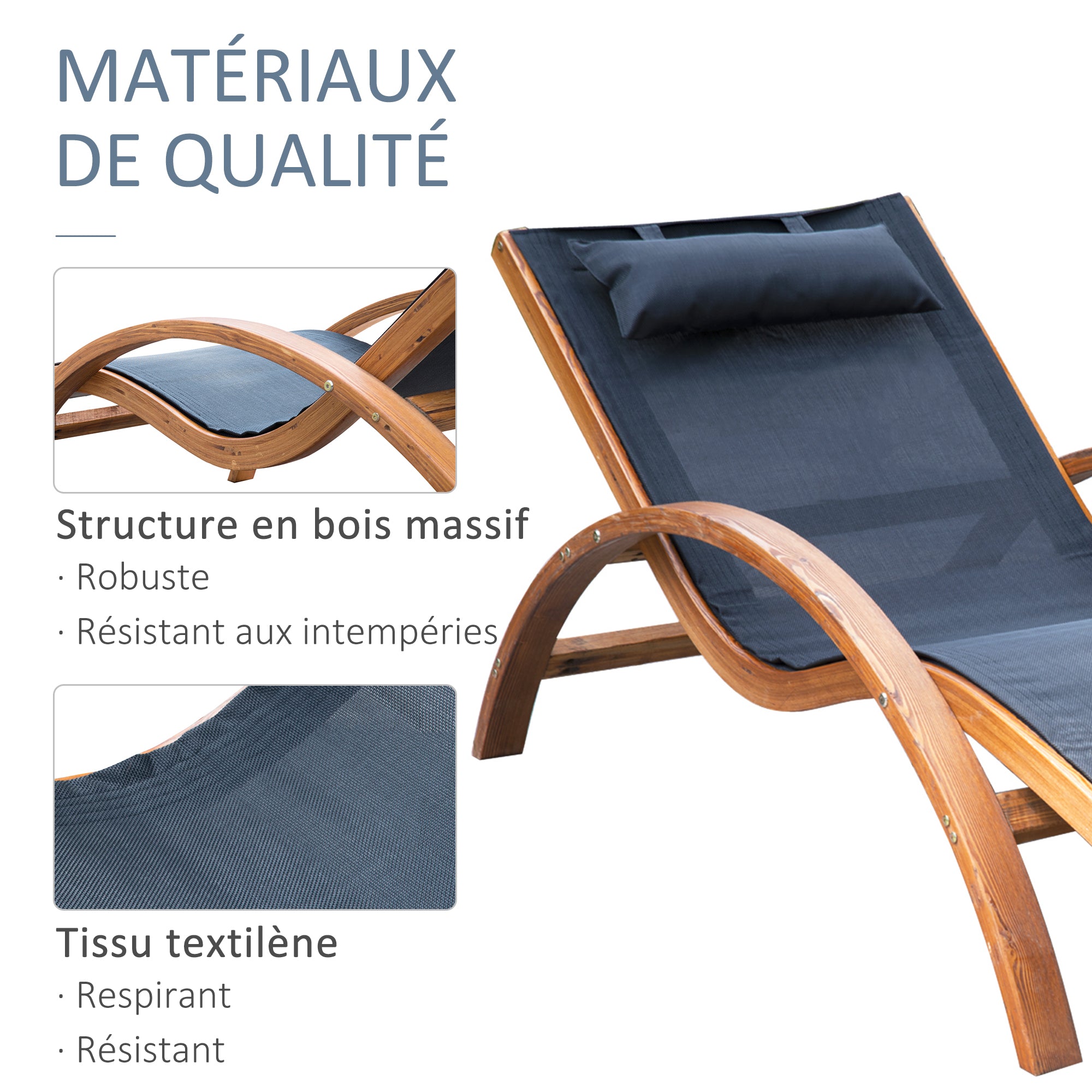 Tropical Style Design Solid Natural Wood Sun Lounger Black Color