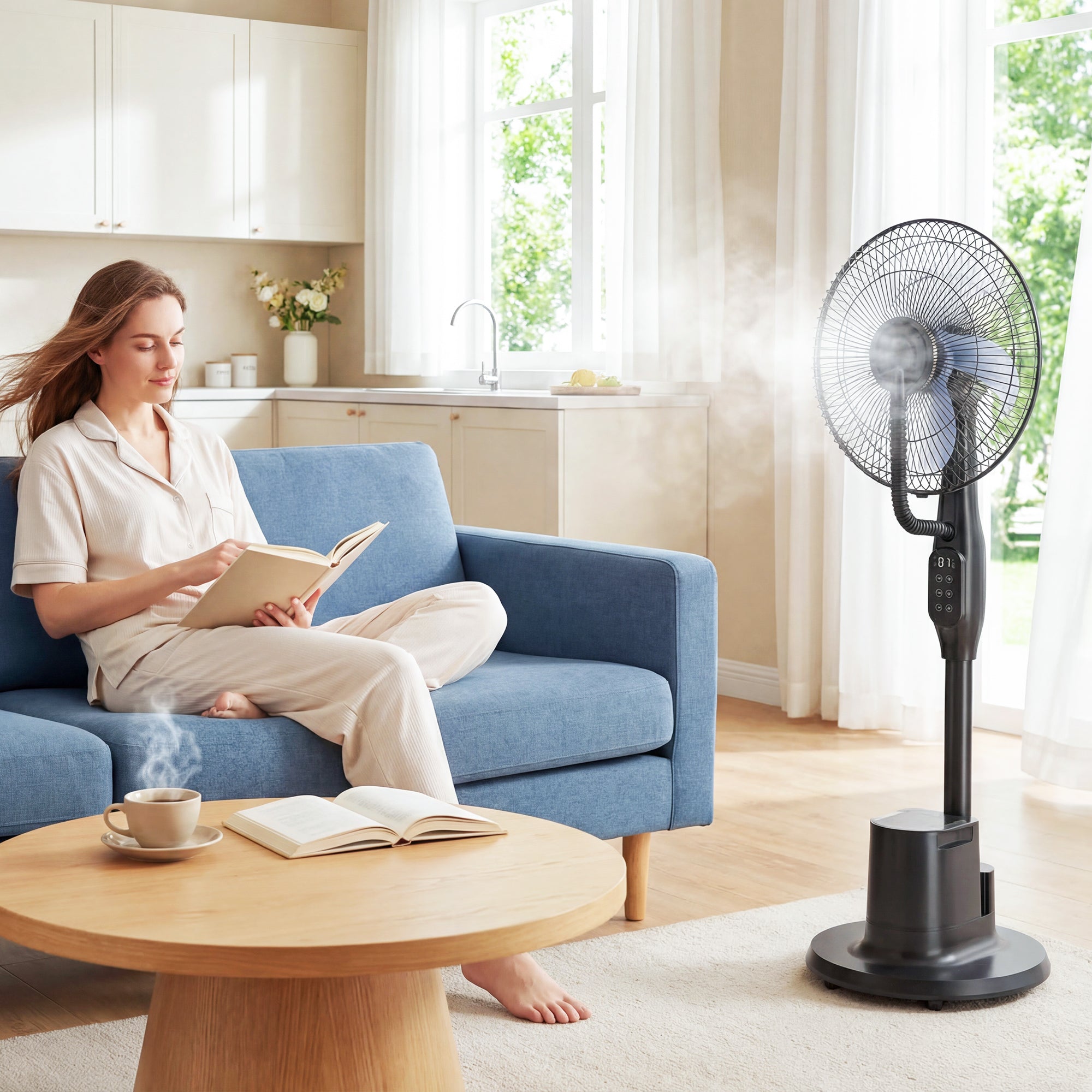 Quiet Misting Pedestal Fan — 90W, 128 cm (50.4") Height, 70° Oscillation, 3 Speeds & 3 Modes, 3.5 L Tank, Remote, 8-Hour Timer — Black