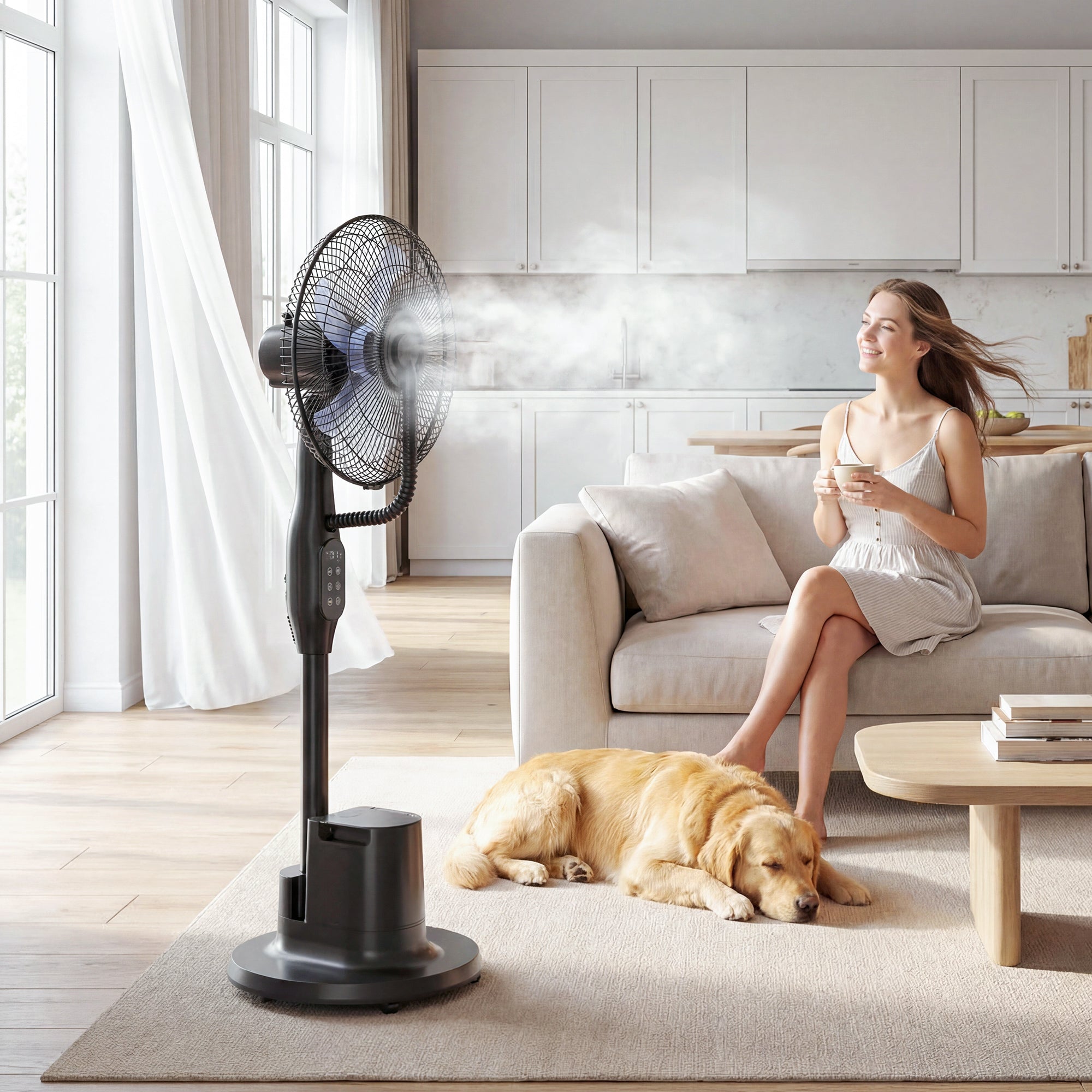 Quiet Misting Pedestal Fan — 90W, 128 cm (50.4") Height, 70° Oscillation, 3 Speeds & 3 Modes, 3.5 L Tank, Remote, 8-Hour Timer — Black