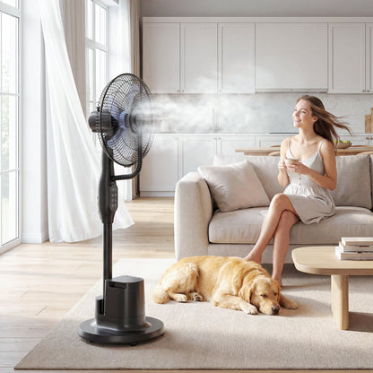 Quiet Misting Pedestal Fan — 90W, 128 cm (50.4") Height, 70° Oscillation, 3 Speeds & 3 Modes, 3.5 L Tank, Remote, 8-Hour Timer — Black