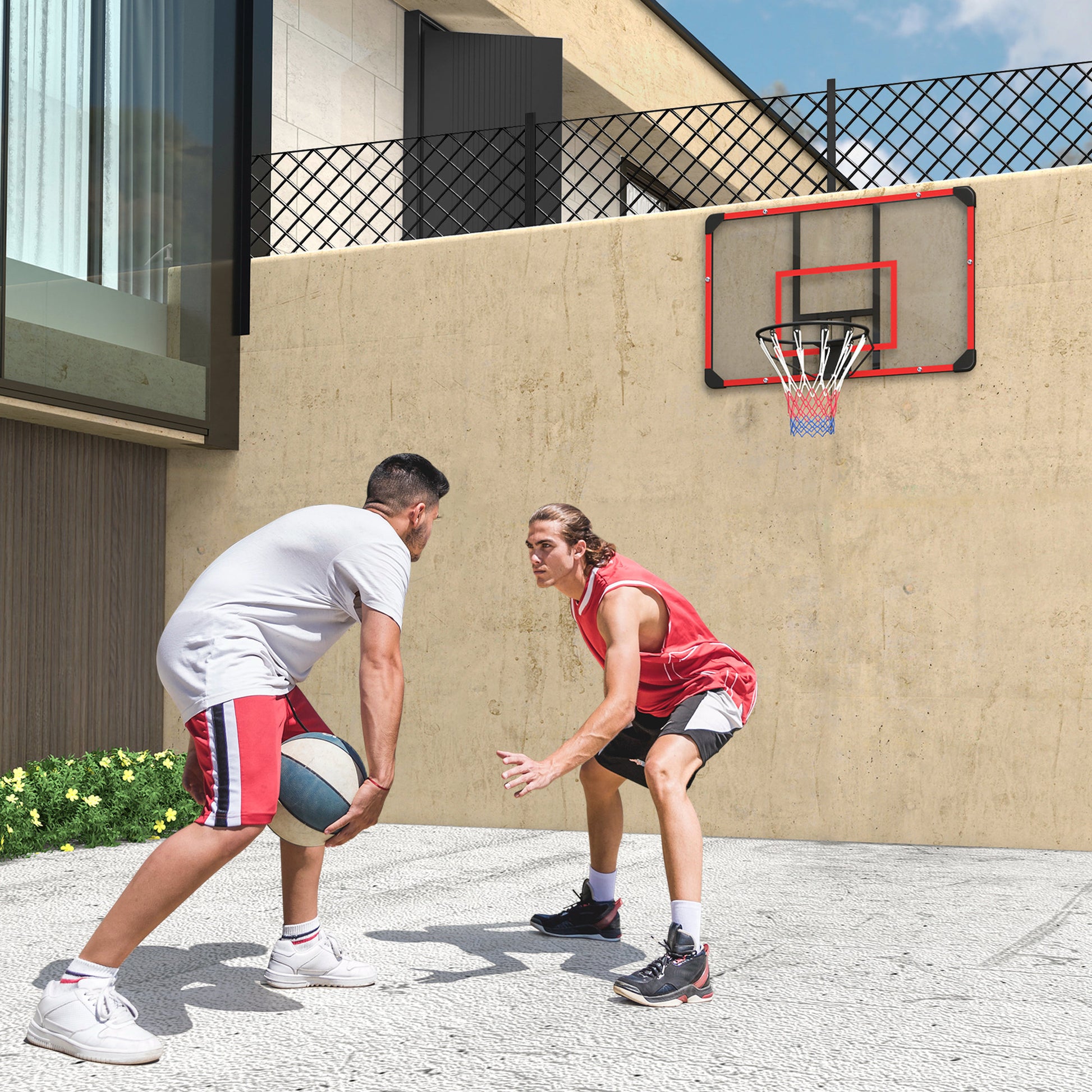 SPORTNOW Basketball Hoop with Backboard, Outdoor Basketball Board with Ø45 cm Steel Rim and Net, Wall Mount, Basketball Board for Kids Teenagers Adults, Red