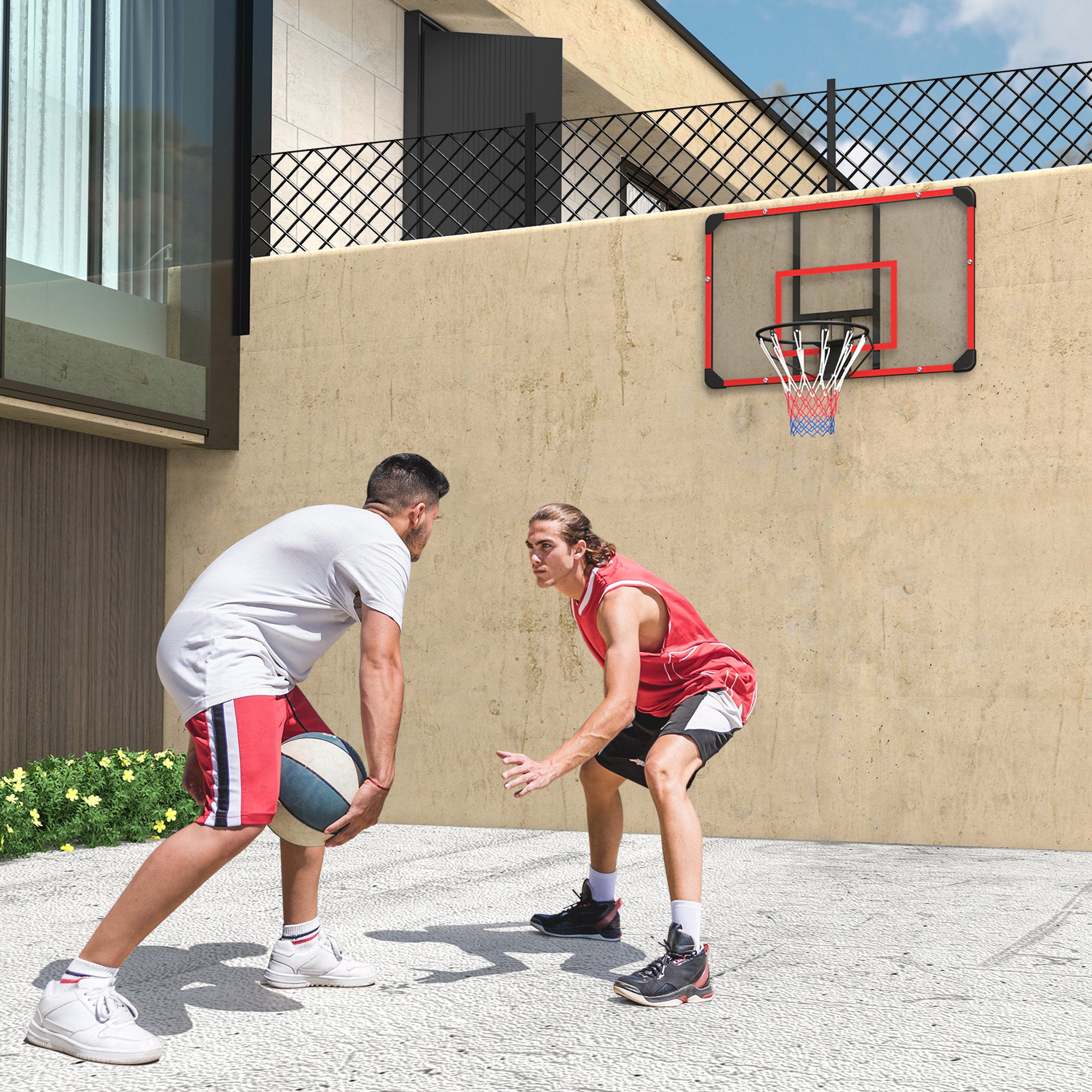 SPORTNOW Basketball Hoop with Backboard, Outdoor Basketball Board with Ø45 cm Steel Rim and Net, Wall Mount, Basketball Board for Kids Teenagers Adults, Red