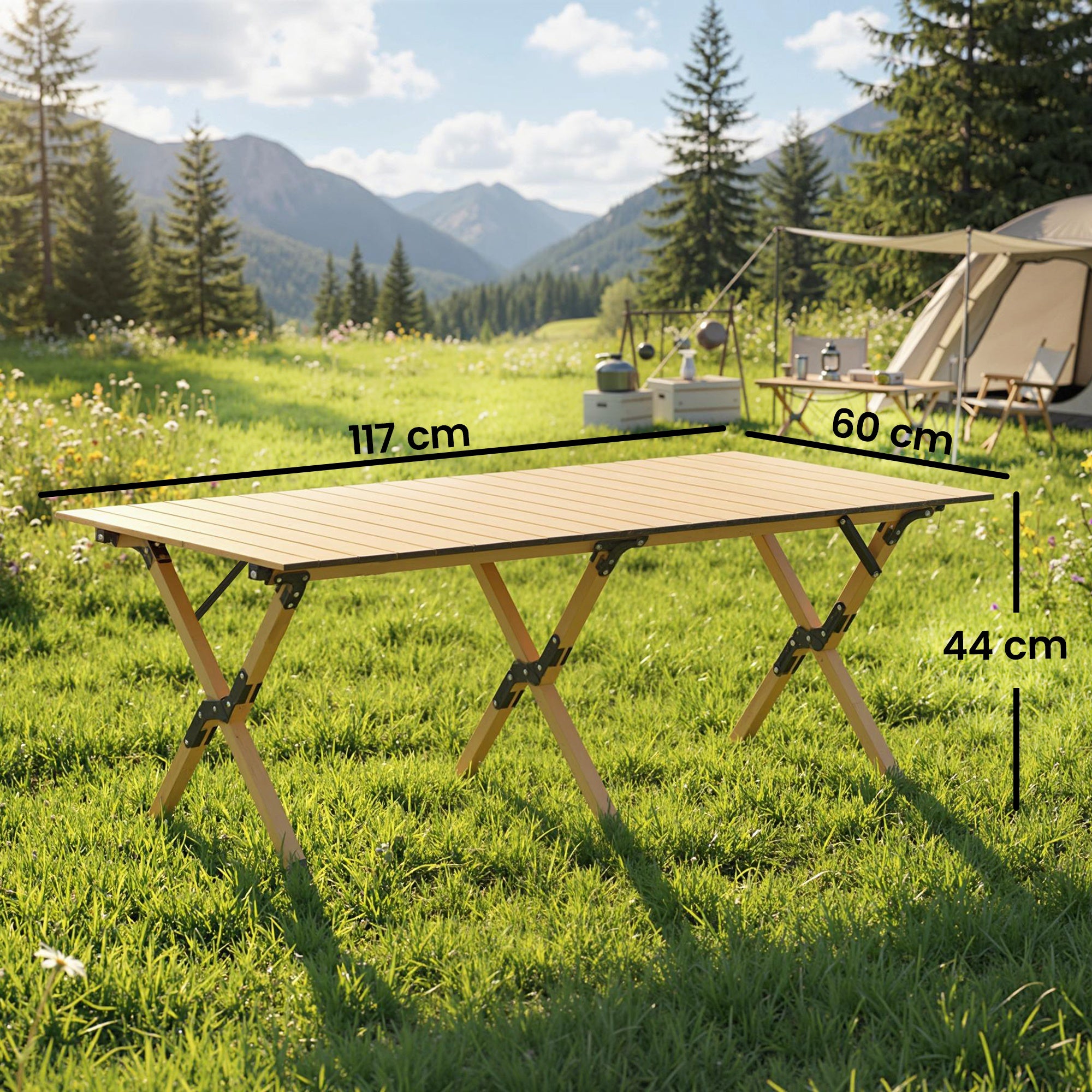 Camping Table 46.1 x 23.6 in – Aluminum Folding Table with Roll-Up Wood-Effect Top, Carry Bag, Waterproof, Lightweight, 66 lb Capacity – Oak