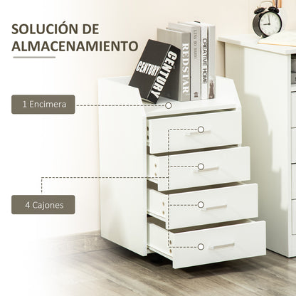 Office Drawer Unit with 4 Drawers Top Storage Surface 4 Wheels and 2 Brakes for Study Office 40x36x65 cm White