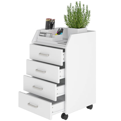 Office Drawer Unit with 4 Drawers Top Storage Surface 4 Wheels and 2 Brakes for Study Office 40x36x65 cm White