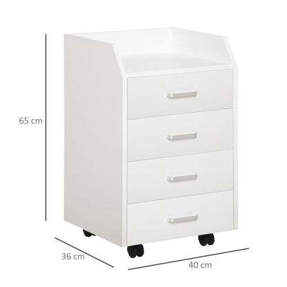 Office Drawer Unit with 4 Drawers Top Storage Surface 4 Wheels and 2 Brakes for Study Office 40x36x65 cm White