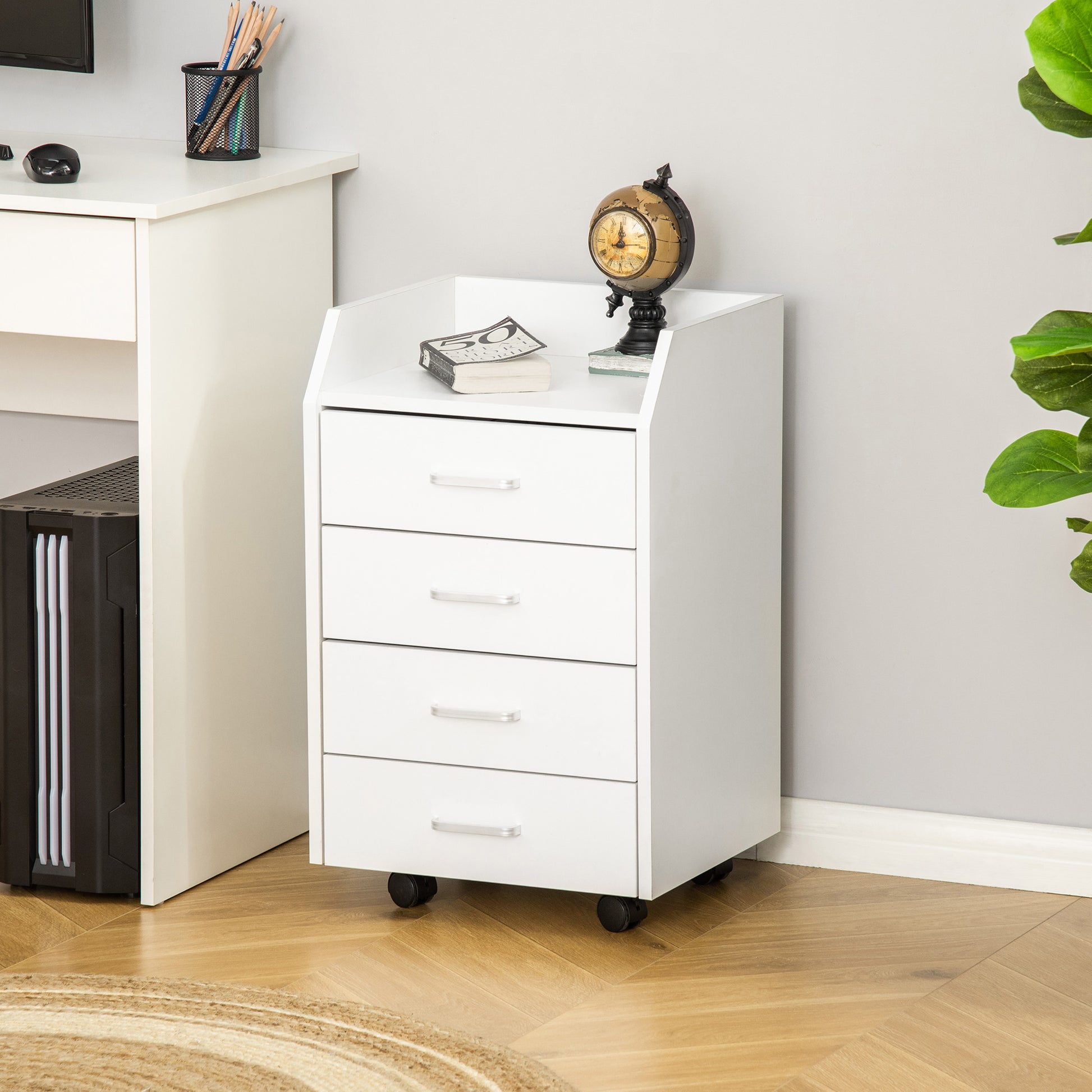 Office Drawer Unit with 4 Drawers Top Storage Surface 4 Wheels and 2 Brakes for Study Office 40x36x65 cm White