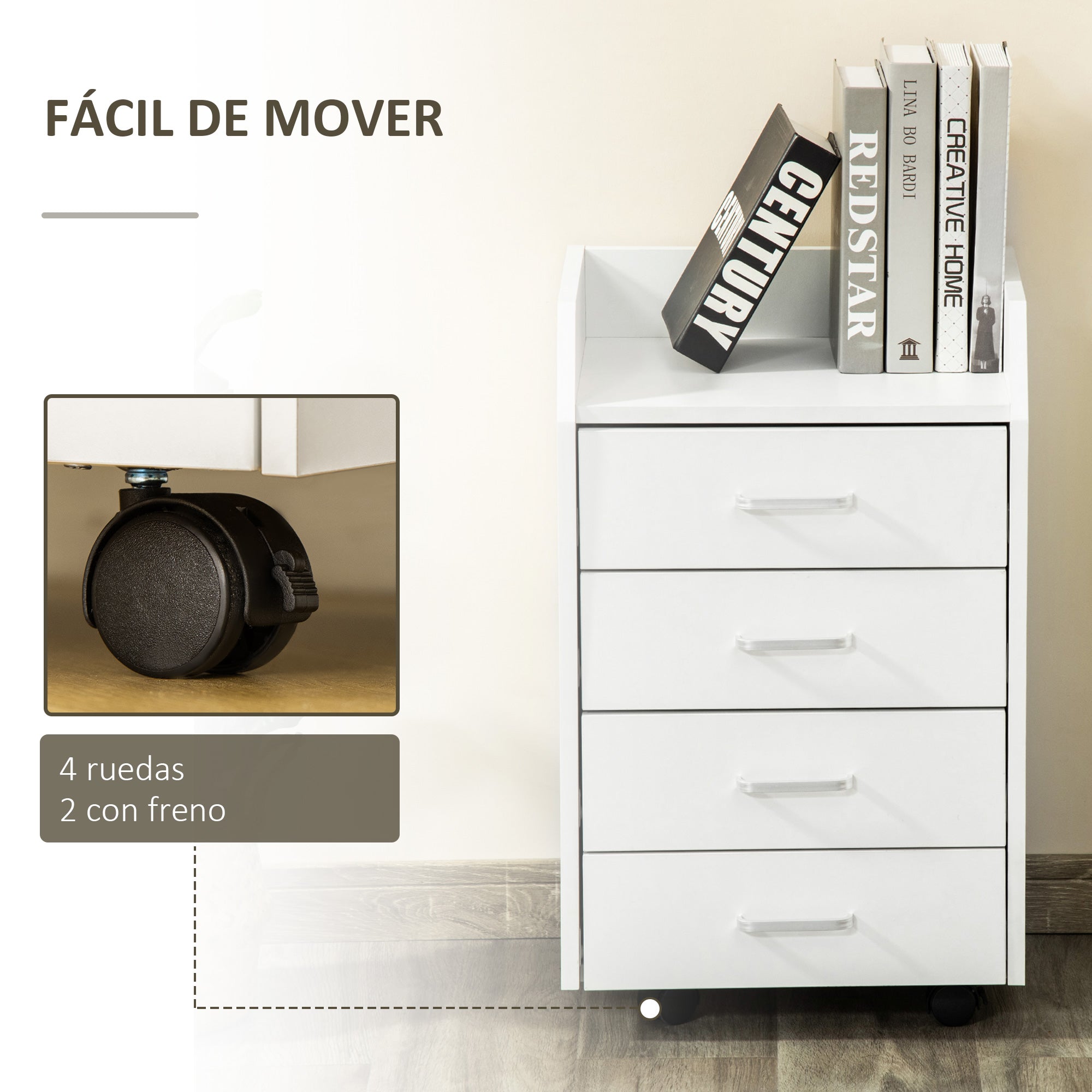 Office Drawer Unit with 4 Drawers Top Storage Surface 4 Wheels and 2 Brakes for Study Office 40x36x65 cm White
