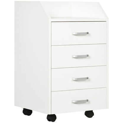 Office Drawer Unit with 4 Drawers Top Storage Surface 4 Wheels and 2 Brakes for Study Office 40x36x65 cm White
