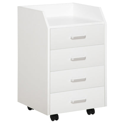Office Drawer Unit with 4 Drawers Top Storage Surface 4 Wheels and 2 Brakes for Study Office 40x36x65 cm White