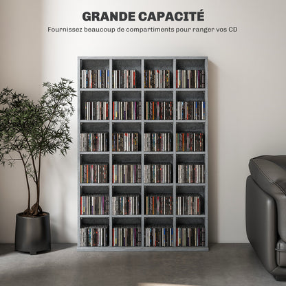 CD and DVD Storage, multimedia storage unit with 24 compartments, max capacity 480 CD/312 DVD, wooden bookcase with adjustable shelves, 89 x 20 x 130.5 cm, gray