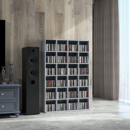 CD and DVD Storage, multimedia storage unit with 24 compartments, max capacity 480 CD/312 DVD, wooden bookcase with adjustable shelves, 89 x 20 x 130.5 cm, gray