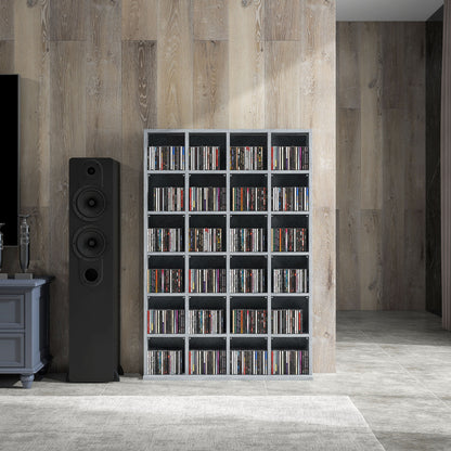 CD and DVD Storage, multimedia storage unit with 24 compartments, max capacity 480 CD/312 DVD, wooden bookcase with adjustable shelves, 89 x 20 x 130.5 cm, gray