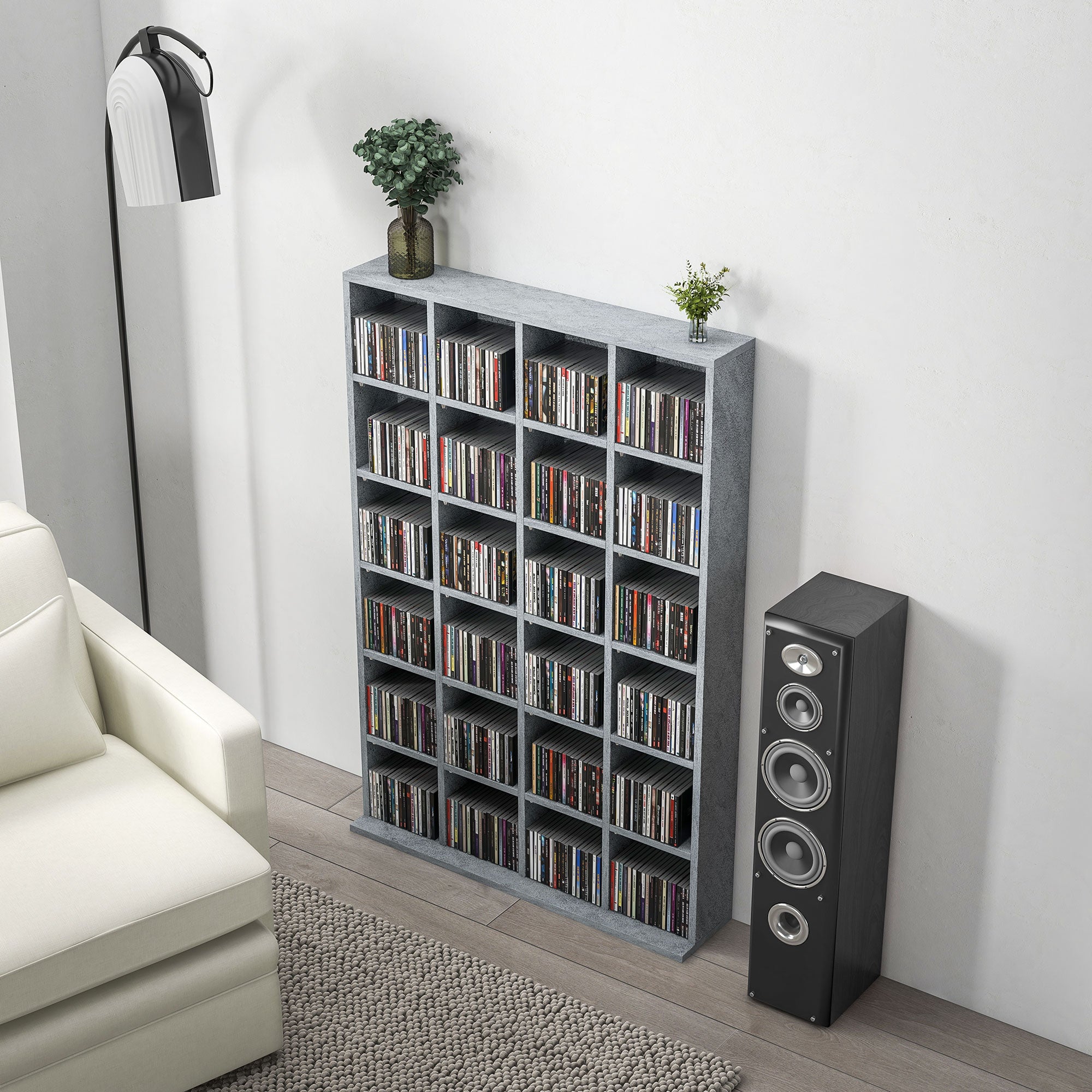 CD and DVD Storage, multimedia storage unit with 24 compartments, max capacity 480 CD/312 DVD, wooden bookcase with adjustable shelves, 89 x 20 x 130.5 cm, gray
