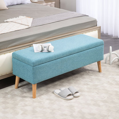 Storage Bench Upholstered Bench in Linen Look, Bed Bench with Wooden Legs, Storage Bench for Living Room Bedroom Hallway 110 x 39 x 45 cm, Blue