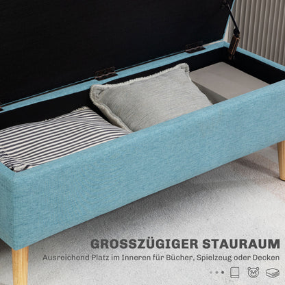 Storage Bench Upholstered Bench in Linen Look, Bed Bench with Wooden Legs, Storage Bench for Living Room Bedroom Hallway 110 x 39 x 45 cm, Blue