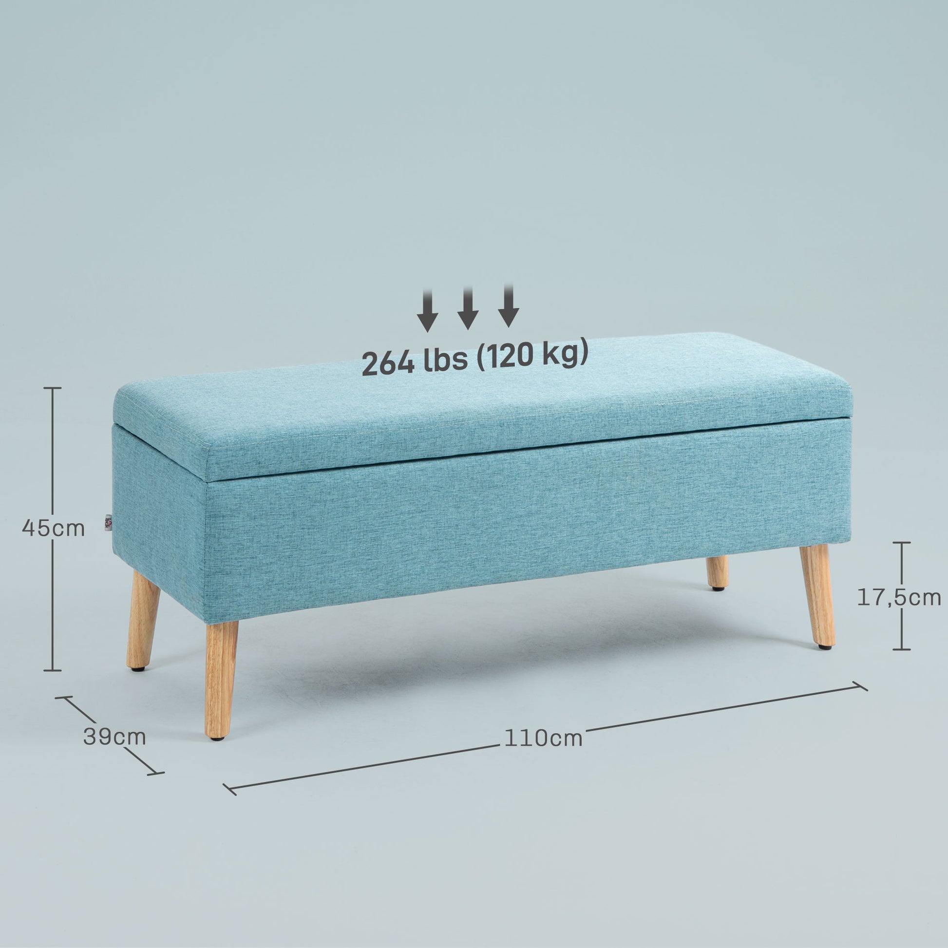 Storage Bench Upholstered Bench in Linen Look, Bed Bench with Wooden Legs, Storage Bench for Living Room Bedroom Hallway 110 x 39 x 45 cm, Blue