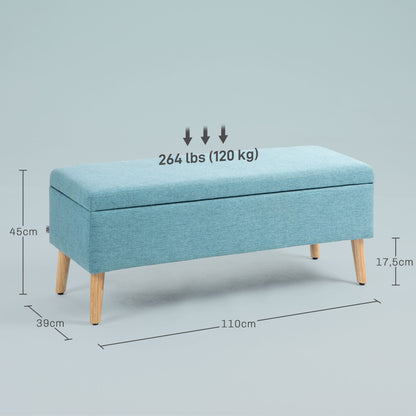 Storage Bench Upholstered Bench in Linen Look, Bed Bench with Wooden Legs, Storage Bench for Living Room Bedroom Hallway 110 x 39 x 45 cm, Blue