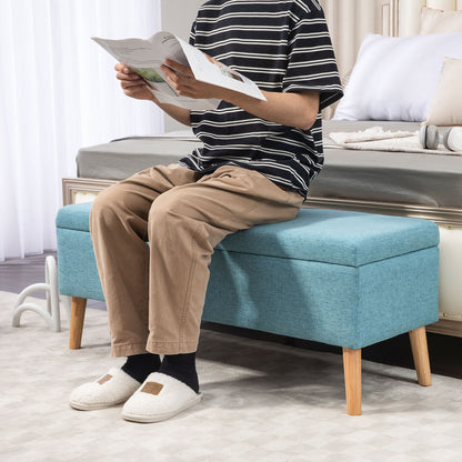 Storage Bench Upholstered Bench in Linen Look, Bed Bench with Wooden Legs, Storage Bench for Living Room Bedroom Hallway 110 x 39 x 45 cm, Blue