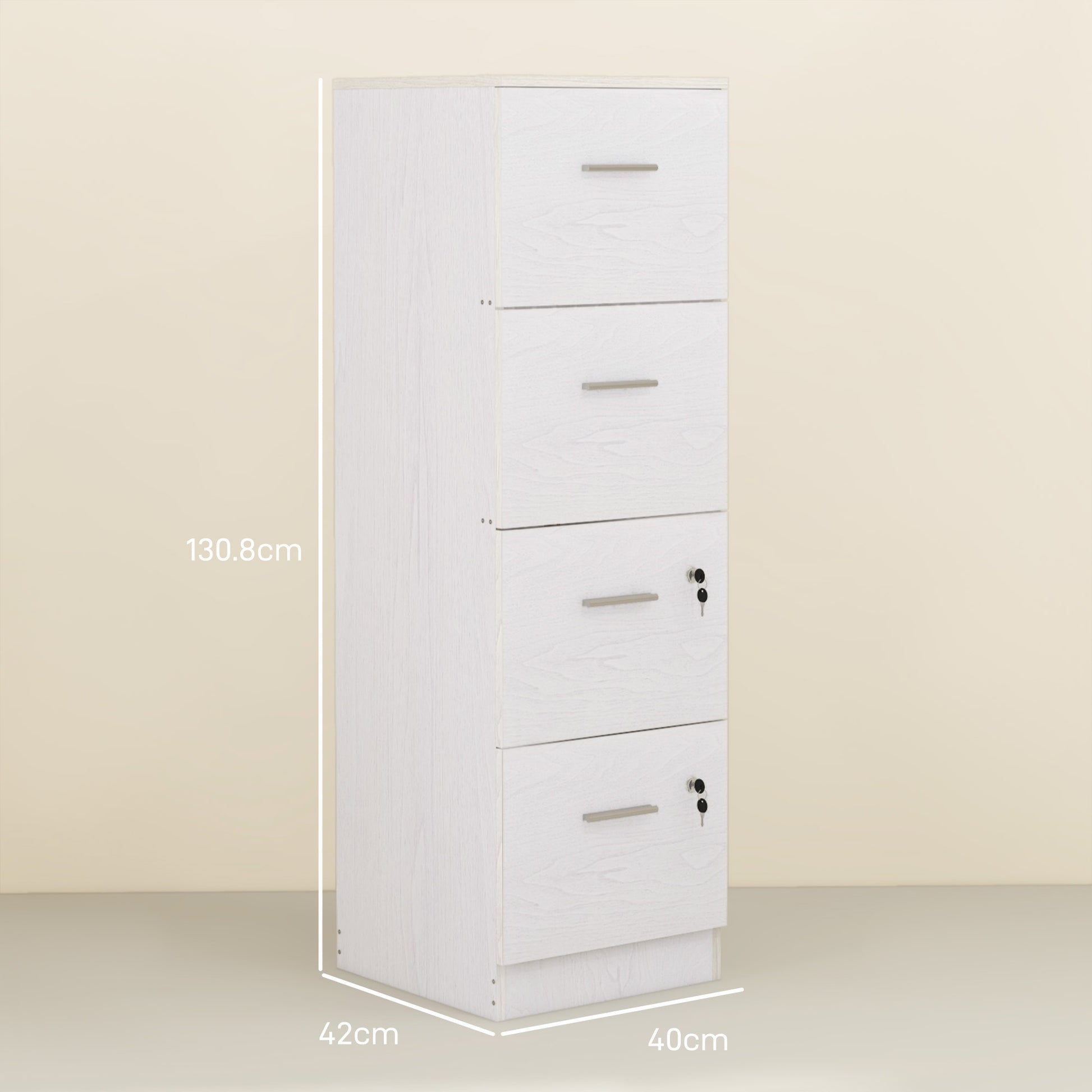 Office Filing Cabinet with 4 Drawers, Office Drawer Unit with Lock and Keys for Letter/A4 Size, Vertical Storage Cabinet for Home, 40x42x131 cm, White