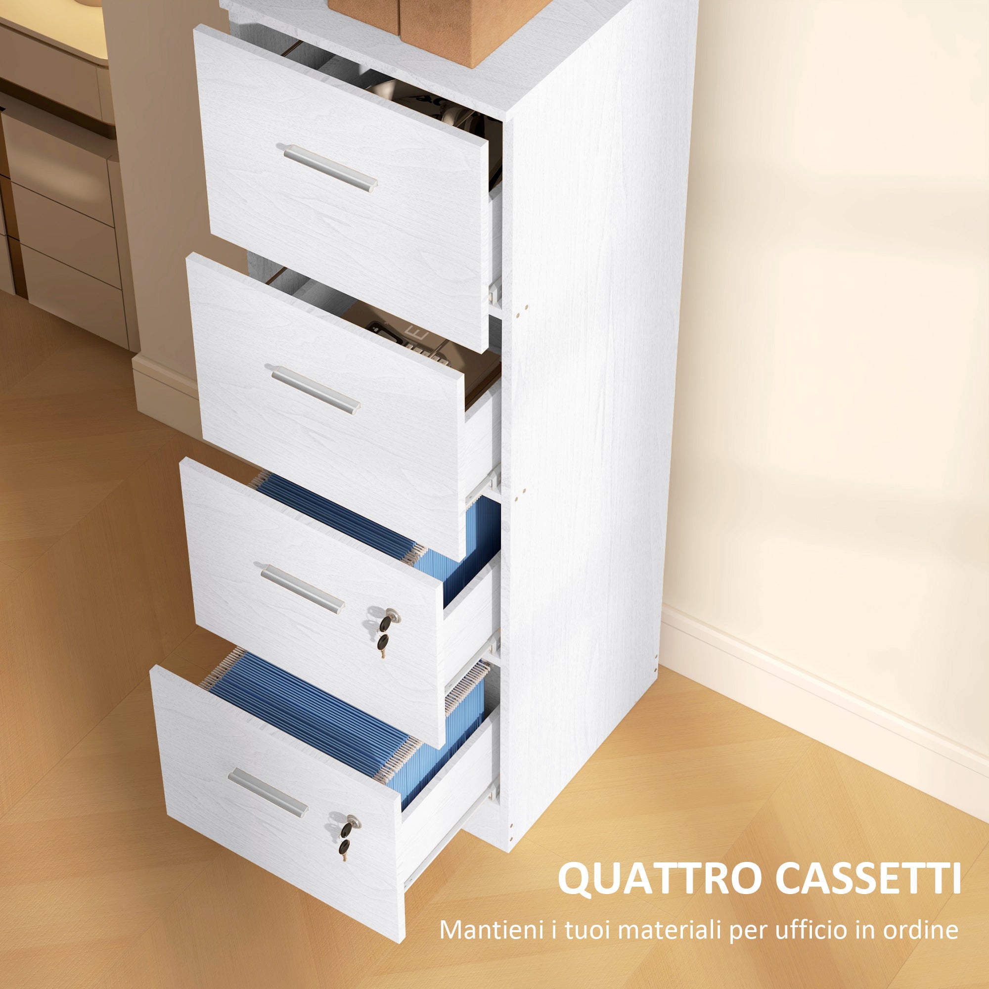 Office Filing Cabinet with 4 Drawers, Office Drawer Unit with Lock and Keys for Letter/A4 Size, Vertical Storage Cabinet for Home, 40x42x131 cm, White