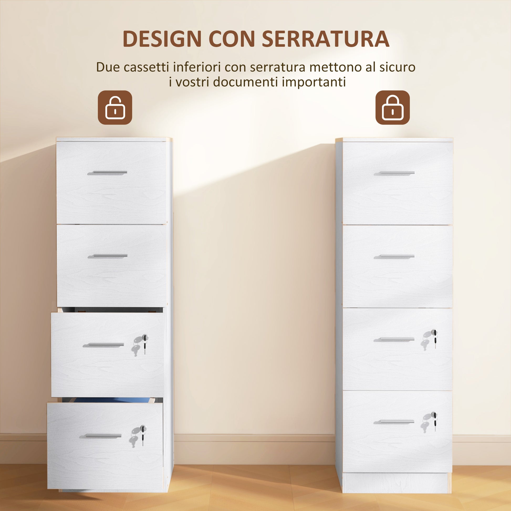 Office Filing Cabinet with 4 Drawers, Office Drawer Unit with Lock and Keys for Letter/A4 Size, Vertical Storage Cabinet for Home, 40x42x131 cm, White