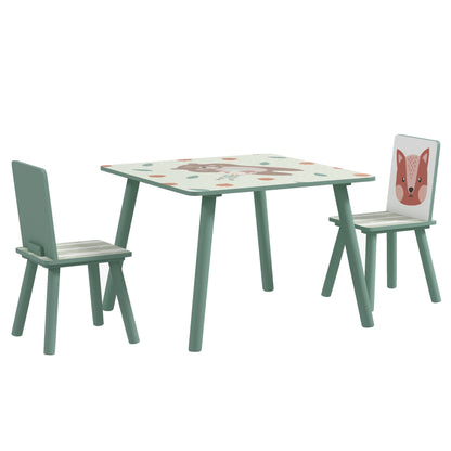 ZONEKIZ Children's Table with 2 Chairs, 3-piece height-adjustable children's seating group made of wood with cute animal motif seating for children children's furniture for children's rooms, kindergartens, 60 x 60 x 44 cm Green