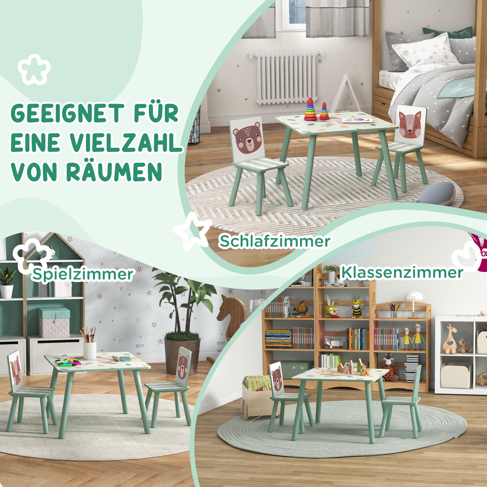ZONEKIZ Children's Table with 2 Chairs, 3-piece height-adjustable children's seating group made of wood with cute animal motif seating for children children's furniture for children's rooms, kindergartens, 60 x 60 x 44 cm Green